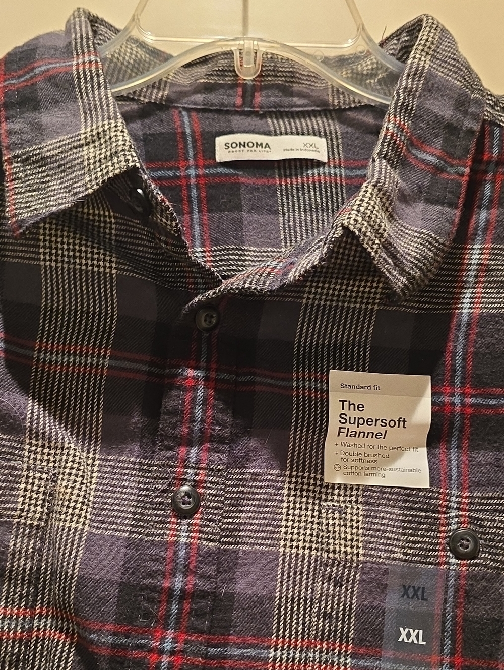 SONOMA Black & Gray with Red Stripes, Plaid Supersoft Flannel Button-Up Shirt